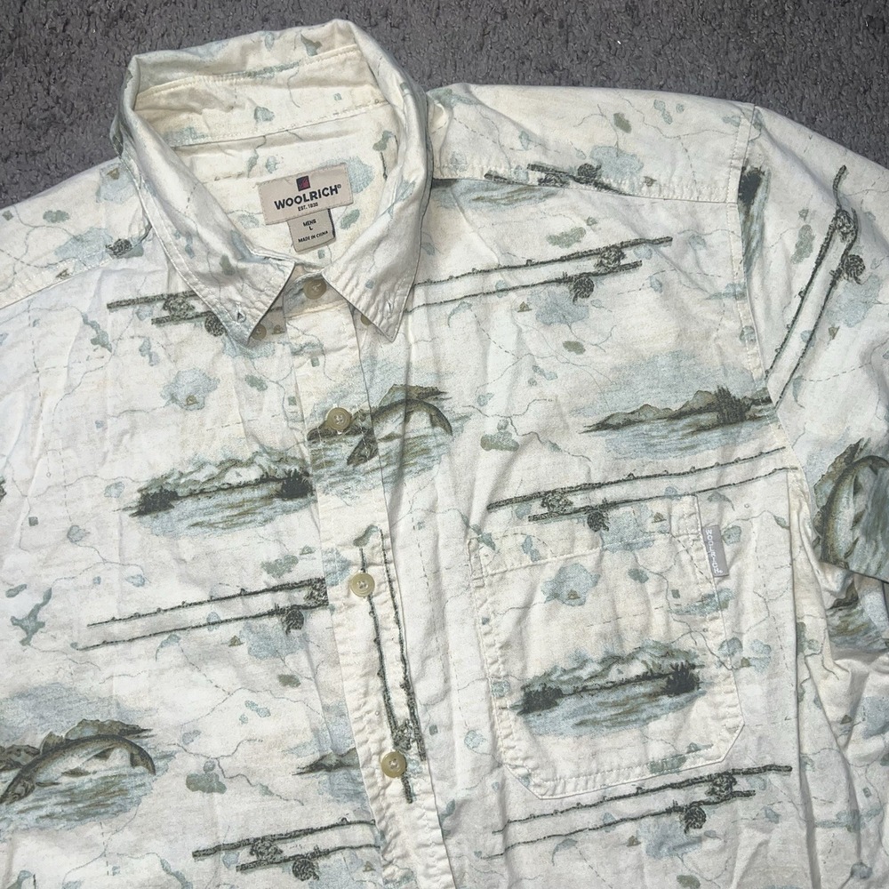Woolrich Hawaiian Fish Button UP Shirt Mens Size L Beige/Khaki